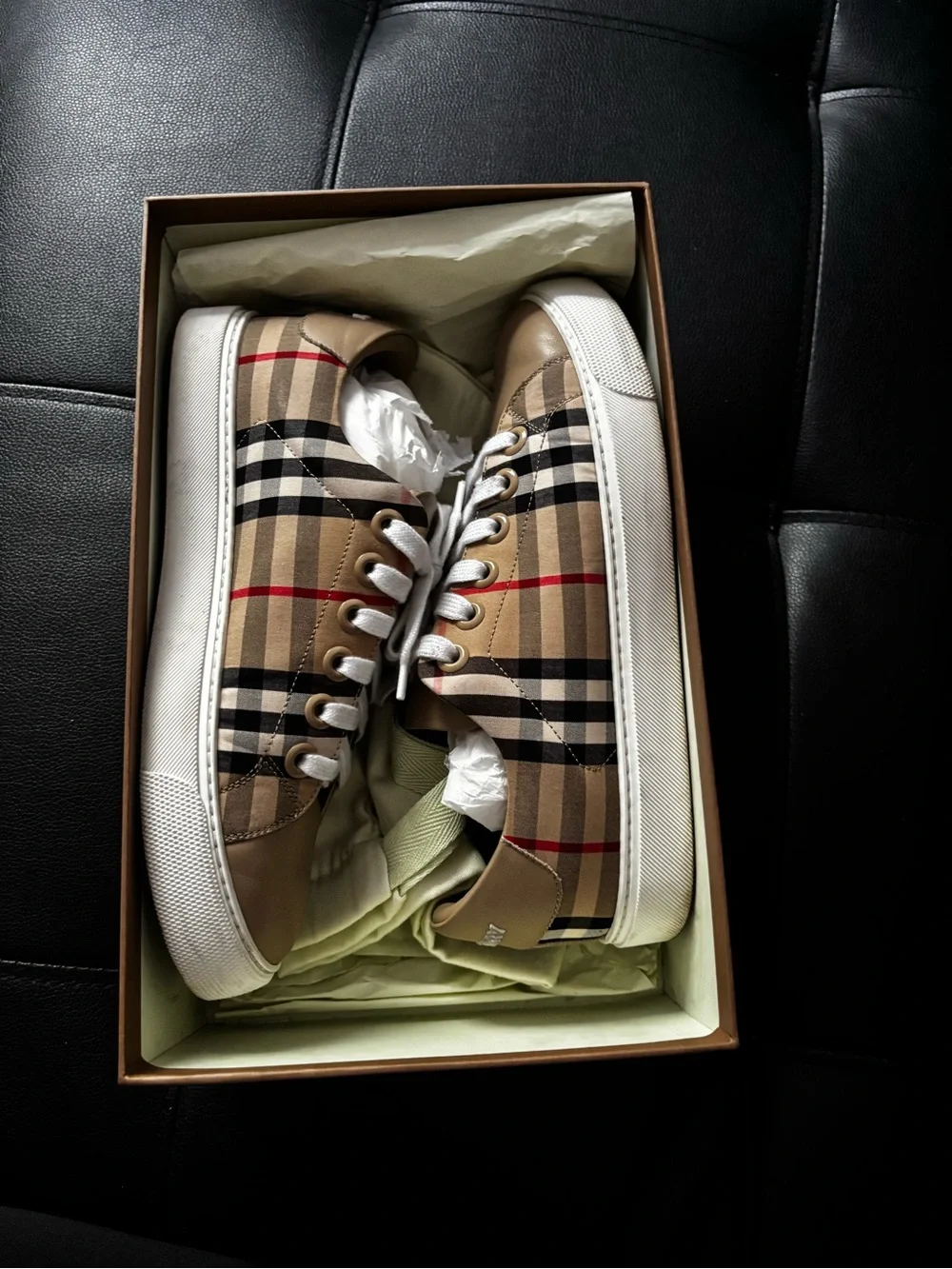 Burberry Beige Leather Sneakers with Signature Check Panels - Picture 5 of 7
